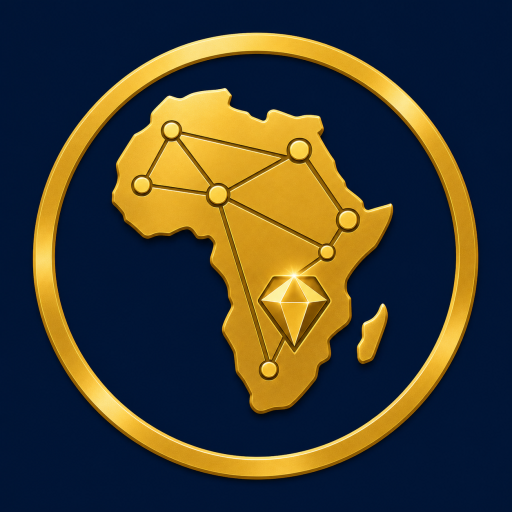 Gold map of Africa with connected network points and a mineral symbol on a navy-blue background.